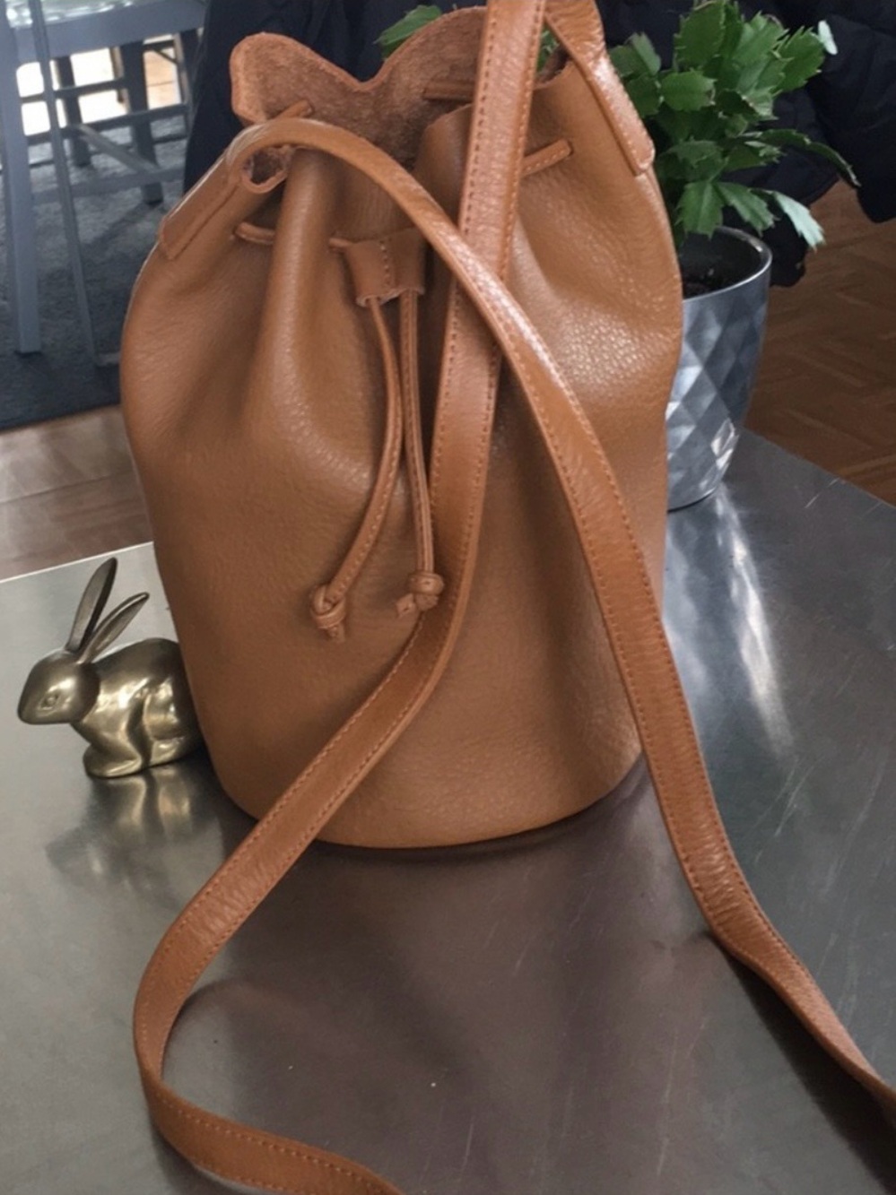 Baggu Leather Crossbody Bucket Bag